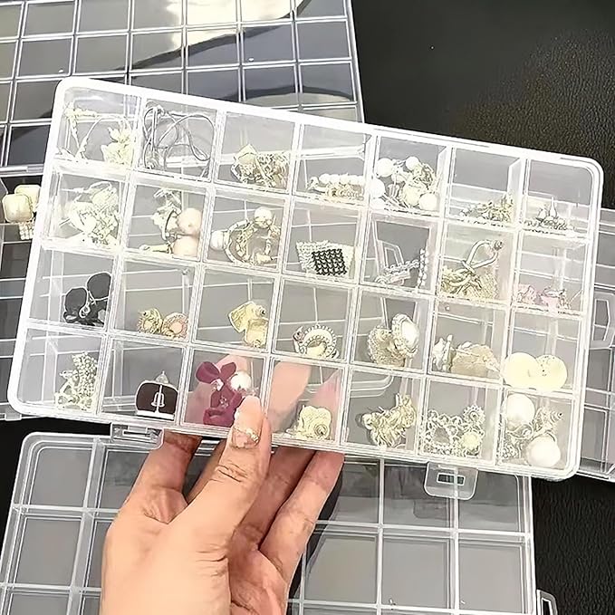 YIKANGHENG 24 Grids 7.5 Inch x 5.2 Inch Fixed Clear Plastic Jewelry Organizer Storage Box Jewelry Earring Tool Containers (1)