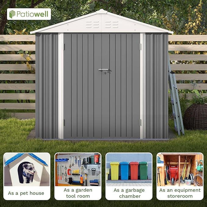 Patiowell 8x6 FT Outdoor Storage Shed, Garden Storage Shed with Sloping Roof and Double Lockable Door, Outdoor Sheds for Backyard Garden Patio Lawn, Gray