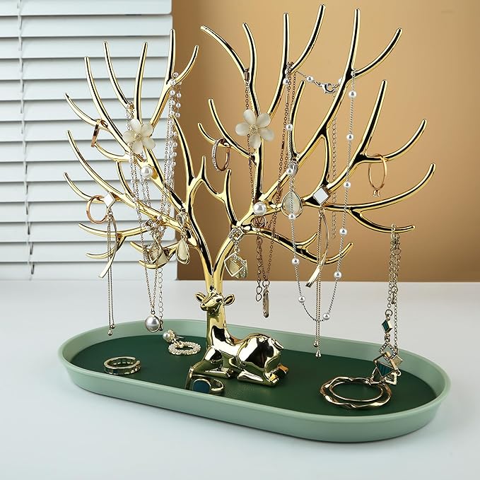 MORE&LESS Antlers Jewelry Display Stand,Gold Deer Hanging Organizer for Ring Earrings Necklace Bracelet