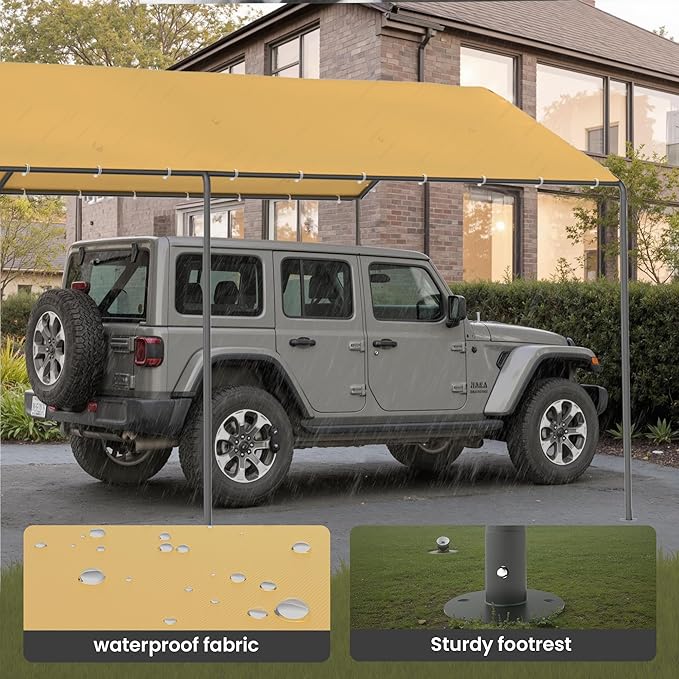 Carport, 10‘ x 20’ Heavy Duty Portable Garage All-Season Car Canopy, Outdoor Garage Boat Shelter Carport Canopy Party Tent w/Water-Resistant Tarp for Backyard (Yellow, 10' x 20' /no Side)