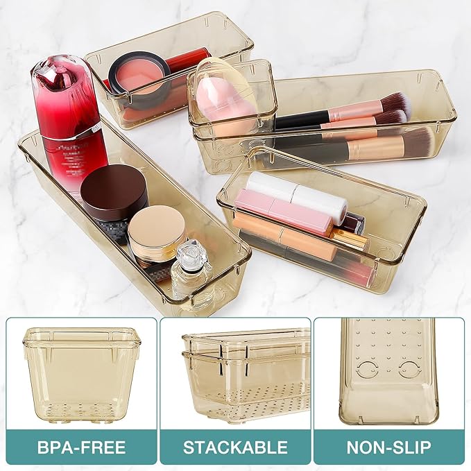 16 PCS Drawer Organizer Set, 5 Varied Size Bathroom and kitchen Drawer cabinet organizer Trays, Clear Storage Bins for Makeup, Jewelry, Utensils and Gadgets, Champagne