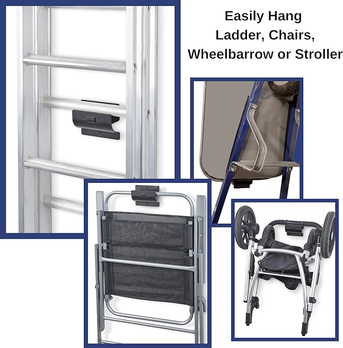 Ladder Hanger set of 4 For Garage Wall - Black Heavy Duty Utility Hook For Wall Mount Ladder Storage. Versatile Tool Holder To Maximize Space In Garden, Shed, Workshop, Hang Wheelbarrow, Folding Chair