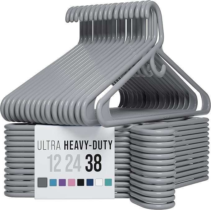 NEATERIZE Ultra Heavy Duty Plastic Clothes Hangers - Grey - Durable Coat, Suit and Clothes Hanger. Perchas De Ropa (38 Pack - Grey)