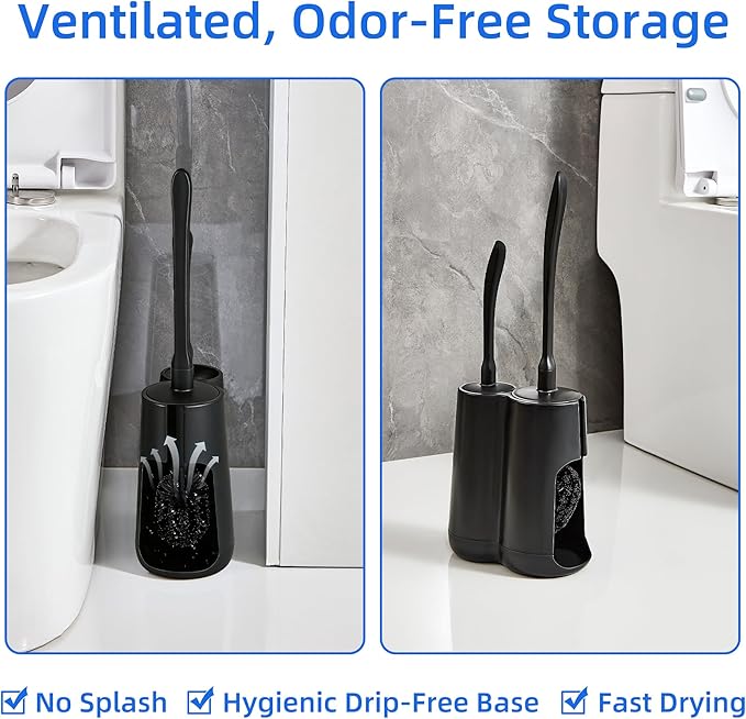 Toilet Brush and Holder Set with Pumice Stone – Long Handle Toilet Bowl Brush, Anti-Splash Scrubber, Ventilated Drip-Free Base, Deep Cleaner for Hard Water Stains, Limescale, Toilet Rings