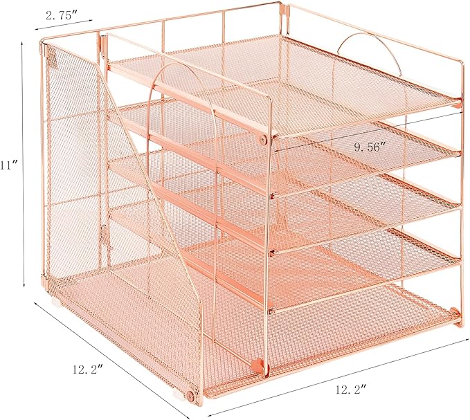 Desk Organizers and Accessories, 5-Tier Paper Letter Tray Organizer with File Holder, Desktop Organizer for Office Supplies (Rose Gold)