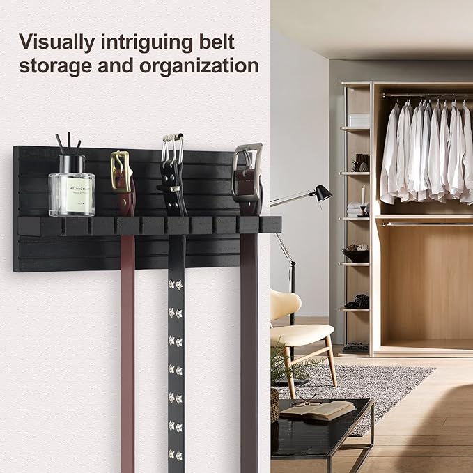 Belt Organizer for Closet, Belt Hanger Wall Mounts to Hold 9 Belts Without Slipping, Space Saving Belt Rack for Closet Organization Includes Mounting Hardware (11.8” x 5.5” x 2.5”) (Black)