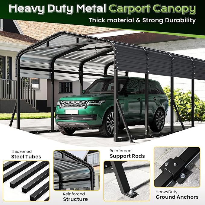 12x20FT Heavy Duty Metal Carport, Outdoor Portable Car Garage w/Reinforced Support Rods & Windproof Ground Anchors, All-Season Versatile Outdoor Shelter for Car Boats Truck