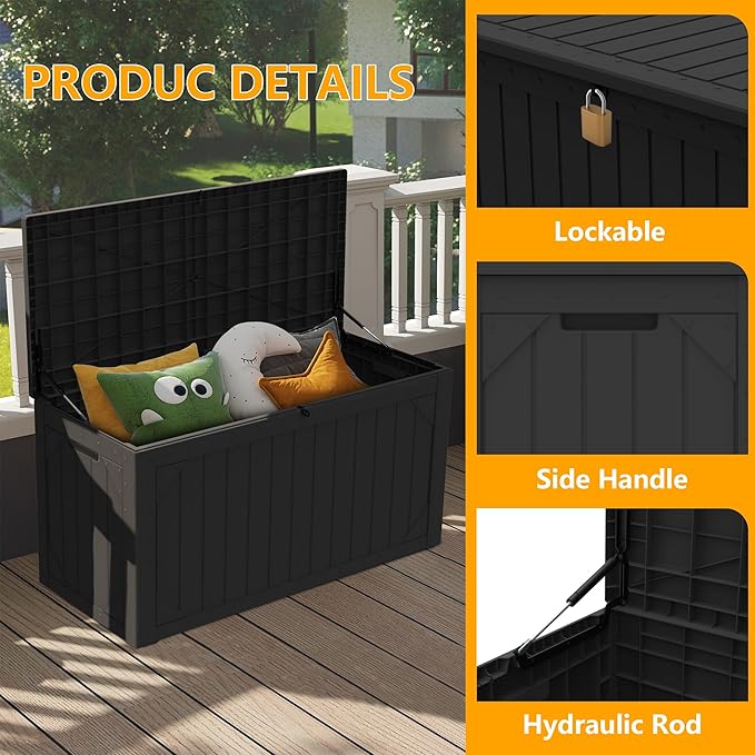 Outdoor Storage Deck Box Waterproof, 100 Gallon Large Lockable Patio Storage Bin Chest, Resin Outside Container Seat Bench for Furniture Cushions, Pool Accessories, Garden Tools & Delivery, Black