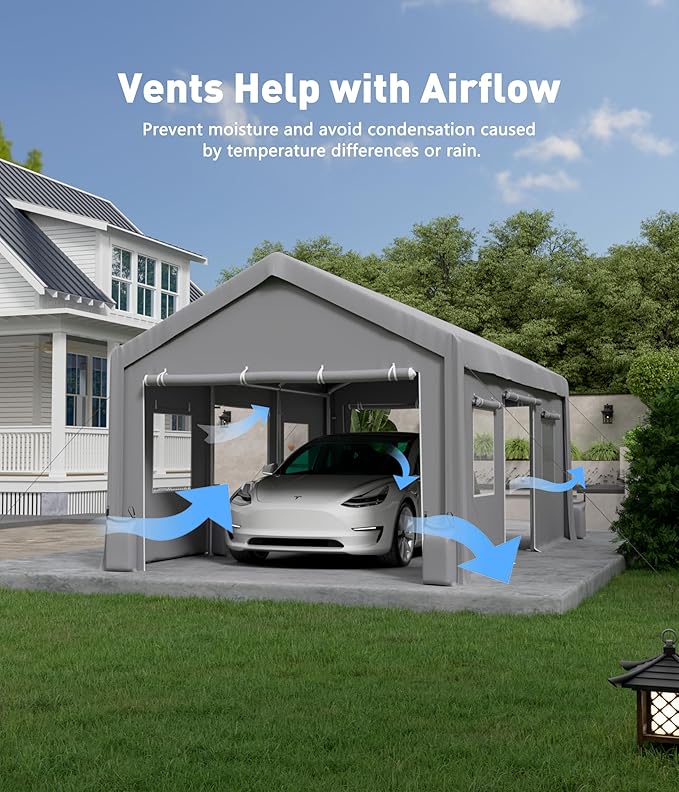Carport, 20x10x11FT Mobile Garage with PE Tarp, Heavy-Duty Car Shelter Tent, Vehicle Canopy with Front & Rear Zippered Doors and 2 Roll-Up Side Openings, 160g, Gray