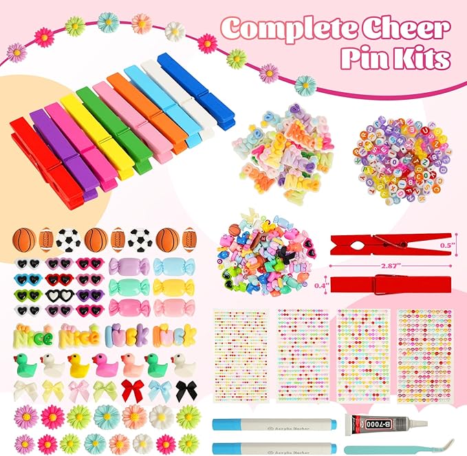 50-Pack Cheer Pins Kits-50pcs 2.9 Inch Wooden Clothespins 10 Colors, 58 Resin Charms, 2 Gem Stickers, 200 Letter Beads for Team Spirit, Classroom Crafts & Cheerleading Accessories with Glue & Tools
