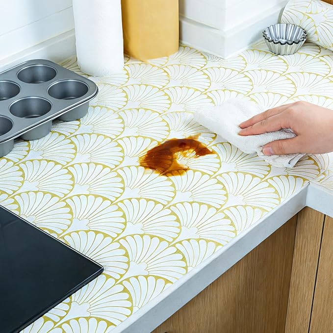 Shelf Liners Non Adhesive Gold Background White Fan-Shaped Pattern - Thickened Non-Slip Easy to Clean Drawer Liner for Kitchen Cabinets, Tool Box,Refrigerator,with Knife & Tape Measure,12in x 20FT.