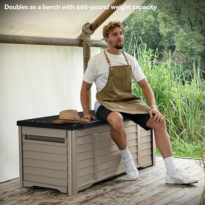DWVO Large Deck Box 150 Gallon Waterproof Outdoor Storage Box, Extra Large Outdoor Bin, Resin Louvered Patio Storage for Pillows, Garden Tools & Pool Supplies, Lockable, Black&Brown