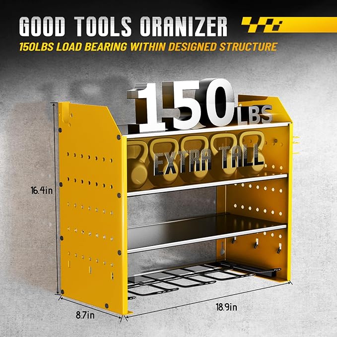 Power Tool Organizer Rack for Home Tool Storage, 4 Tier Wall Organizer for Drills, Tool Battery Storage, Utility Holder Wall Mountr with Hooks,Yellow