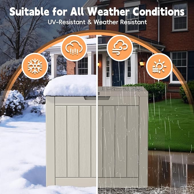 Mars Villa 31 Gallon Deck Box, Waterproof Weatherproof and UV Resistant Resin Storage Bin with Lockable Lid, for Outdoor Patio Furniture Cushions, Pool Supplies, Garden Tools, Greige