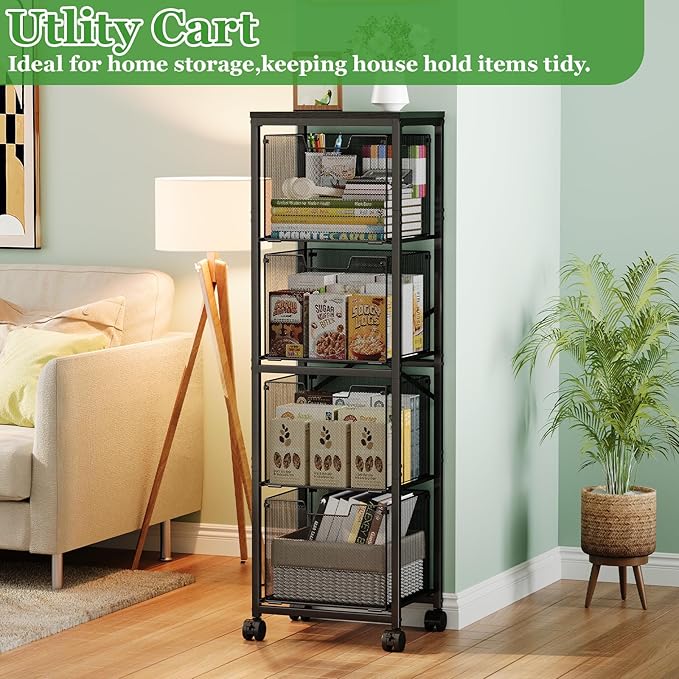 4 Drawers File Cabinet, Vertical Filing Cabinets, Rolling File Cart, Hanging File Folder Organizer with Wheels, Mobile Printer Stand Utility Craft Cart for Home Office,Black