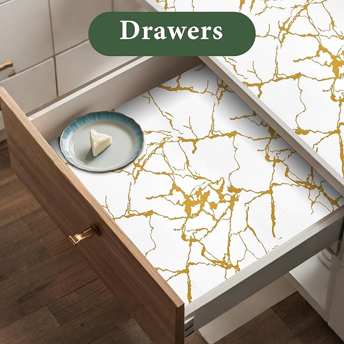 Drawer and Shelf Liner for Kitchen Cabinet Non Slip Waterproof Shelf Paper 12 in X 20 Ft Non Adhesive Refrigerator Liners Gold White Marble Easy Liners for Bathroom Cupboard