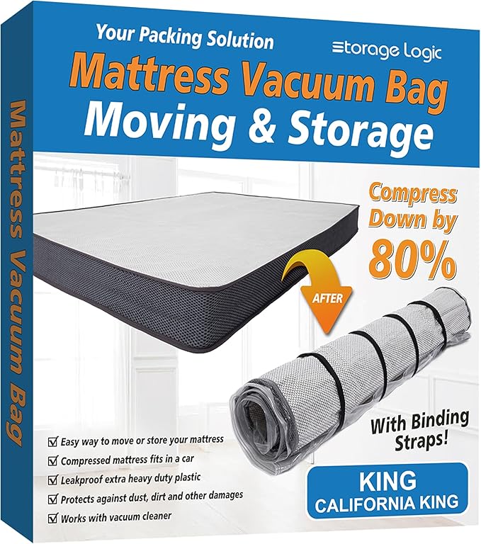 Storage Logic King/Cal-King Foam Mattress Vacuum Bag for Moving, Storage, Vacuum Seal Mattress Bag with Straps