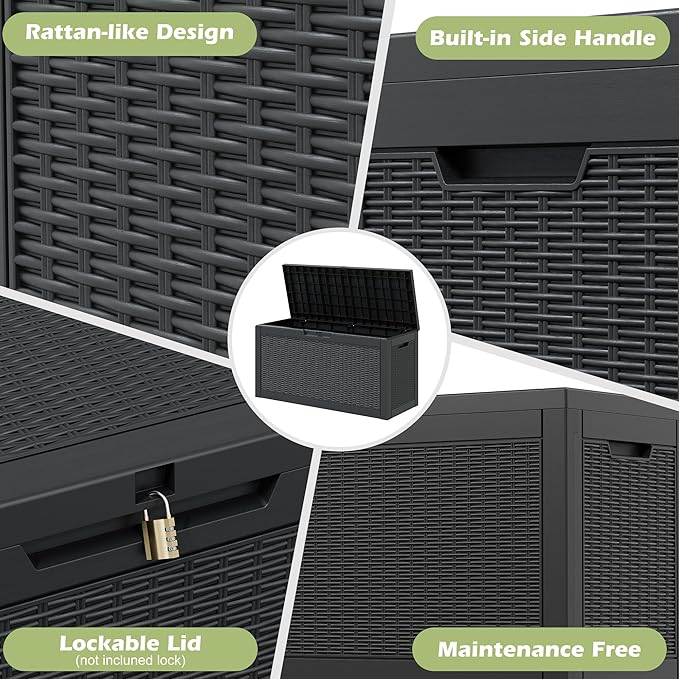 71 Gallon Outdoor Storage Box, Resin Deck Boxes Outdoor Waterproof For Patio Furniture, Garden Tools, Pool Supplies, Lockable And UV Resistant (Rattan Black)