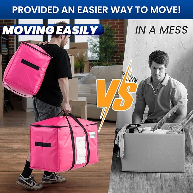 TAILI 12 Pack Pink Extra Large Moving Bags, Heavy Duty Totes with Visible Window, Wrap Around Handles, Space-Saving Storage Solution, Alternative to Moving Boxes