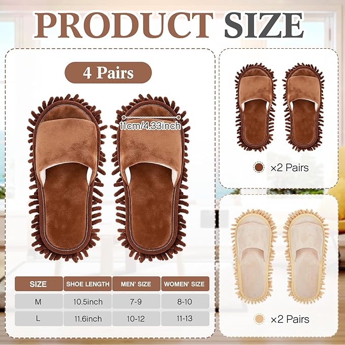 Jecery 4-Pair Washable Microfiber Mop Slippers - Detachable Dusting Shoes for Floor Cleaning, Office & Home Use - Suitable for Women & Men(Brown, Beige,M Size)