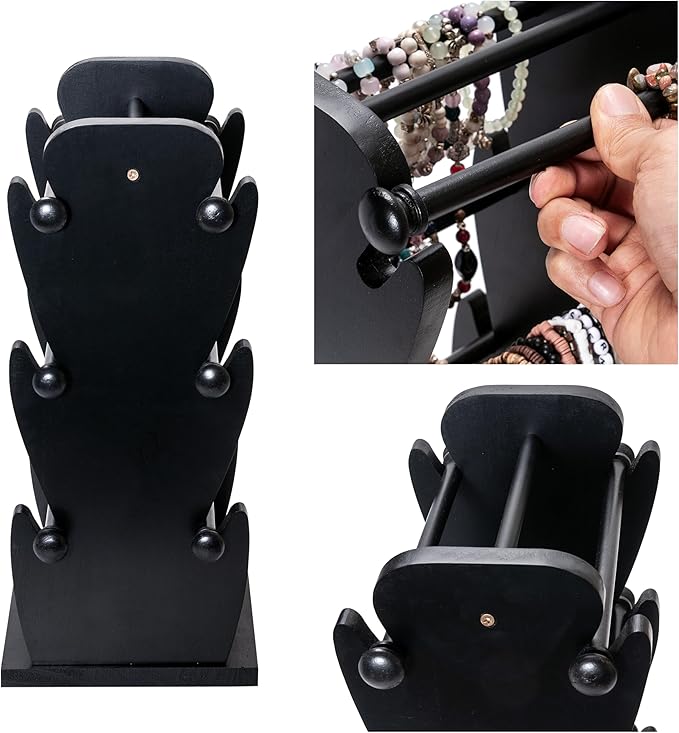 Two-Sided Rotating Wooden Jewelry Bracelet Holder Display Stand with 6 Removable Holders - 3 Tier Bar Bangle Organizer Perfect for Organizing and Showcasing Bracelets, Watches, and Accessories-Black