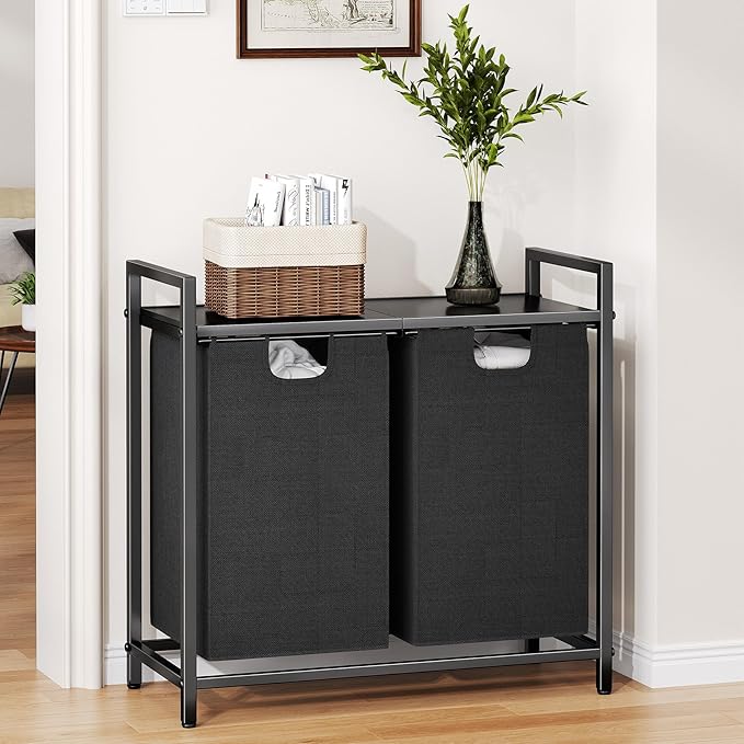 Kitstorack Laundry Basket Organizer, Laundry Hamper with Shelf & 2 Pull-Out Removable Bags, Dirty Clothes Hamper Organizer for Laundry Room Bathroom and Dorm, 2 x 11.8 gallons (44.5L)