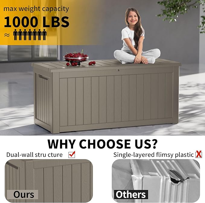 270 Gallon Lockable Resin Outdoor Storage Box, Waterproof & Weather Resistant Deck Box for Patio Cushion, Garden Tools & Pool Accessories, Grey