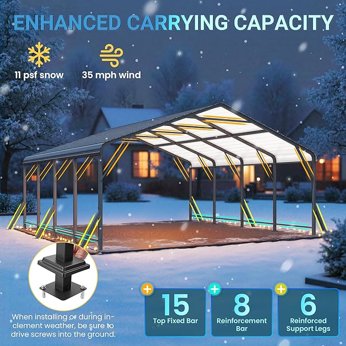 20x20 FT Metal Carport with Updated Roof & Enhanced Base, Heavy Duty Canopy Carport Garage, Vertaile for Car, Truck, Boat, Tractors, Party, Grey