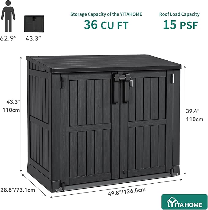 YITAHOME Outdoor Horizontal Storage Shed Without Shelf, Weather-Resistant Resin Tool Shed, Waterproof and Lockable Outdoor Storage Box for Bikes, Trash Cans, Garden Tools, 36 cu ft (Light Gray)