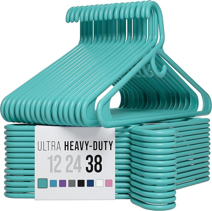 NEATERIZE Ultra Heavy Duty Plastic Clothes Hangers - Aqua - Durable Coat, Suit and Clothes Hanger. Perchas De Ropa (38 Pack - Aqua)