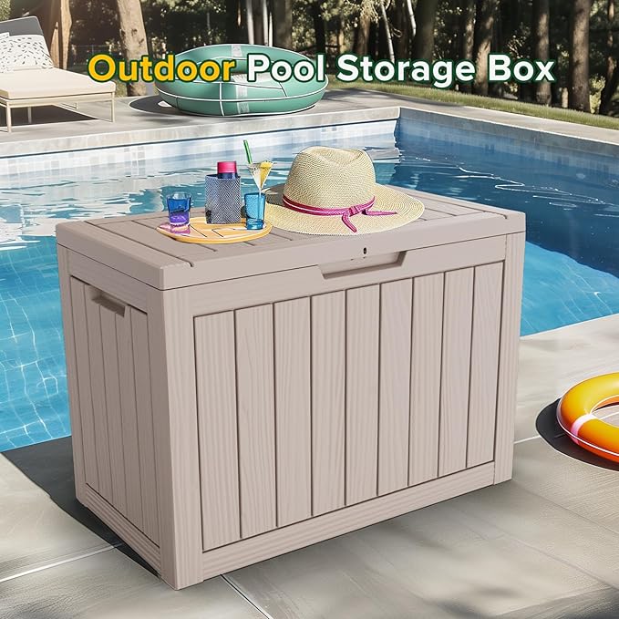 Outdoor Storage Deck Box Waterproof,50 Gallon Lockable Patio Package Delivery Bin as Seat, Resin Storage Container Bench for Furniture Cushions, Pool Accessories, Garden Tools, Grey