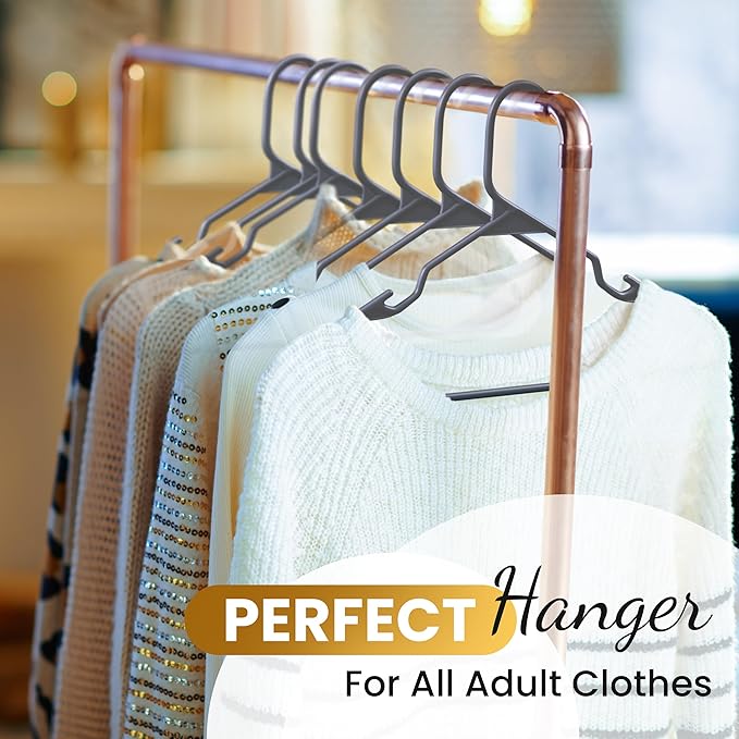 100 Pack Plastic Hanger for Shirt Pants Coats Dresses Skirts Suits Jackets - Standard Thick Coat Hanger - Sturdy & Durable Design with Shoulder Grooves Hook - Grey