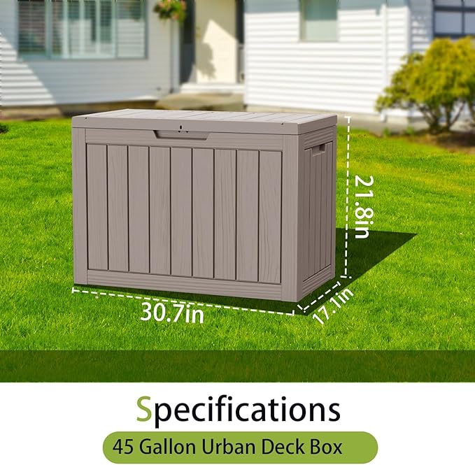 Outdoor Storage Box 45GAL Waterproof Resin Deck Box,UV-Resistant Lockable Package Delivery Bin for Garden Tools,Patio Outside Cushions,Pool Accessories Supplies,Chest,Furniture,Grey