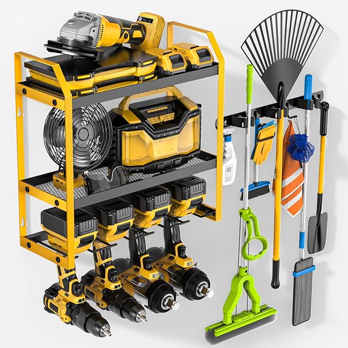 Power Tool Organizer Wall Mount with Broom Holder Combo, Yellow & Black 3-Tier Garage Storage Rack with Battery Storage, 4 Drill Holder Slots, Heavy Duty Steel 150LB Capacity
