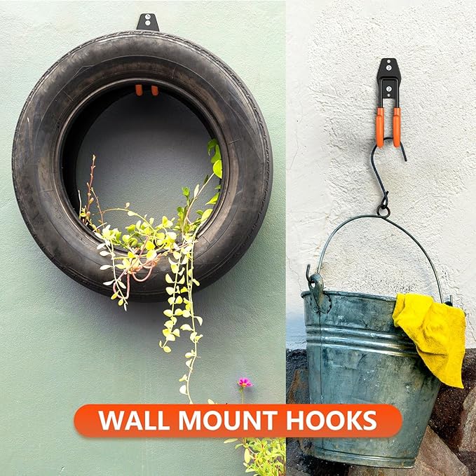 Garage Hooks Heavy Duty, Rust-Resistant Solid Steel Wall Mount Hangers for Hanging Ladders & Bikes, Non-Slip PVC Coating Tool Organizer (4 Pack Orange 5.5x4.1 Inch)