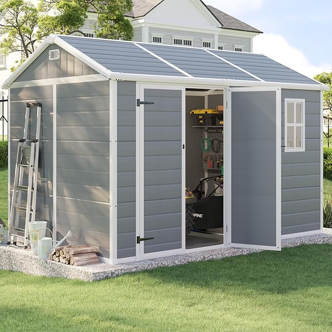 10.5 x 7.6 x 7.5 ft Outdoor Resin Storage Shed with Floor, Windows & Air Vents, Large Waterproof Tool Shed for Garden,Backyard,Lawn Equipment & Bikes,Grey