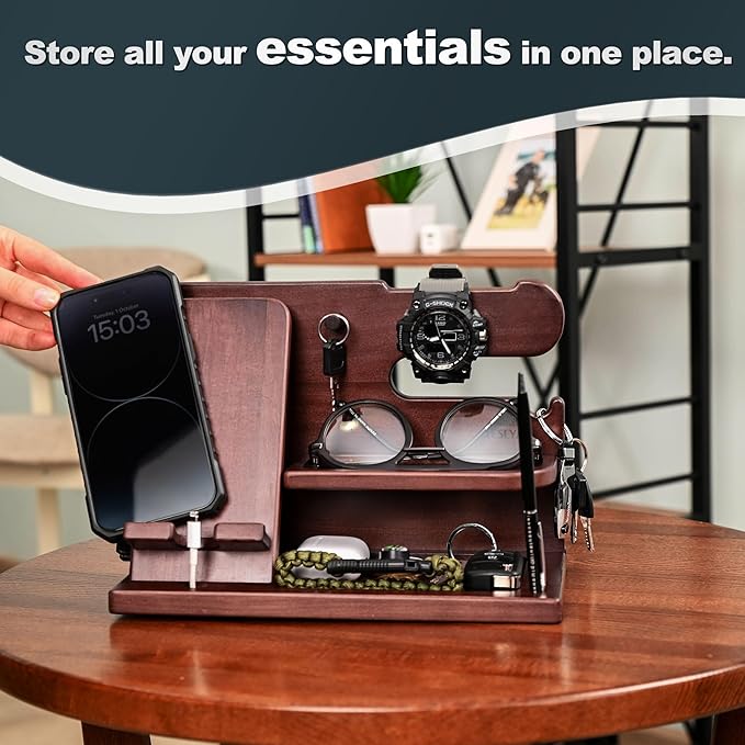 TESLYAR Wood Phone Docking Station for Men - Desk or Nightstand Organizer - Birthday Gifts for Husband, Dad - Anniversary Idea from Wife - Key Holder, Stand Wallet, Watch & Essentials (Mahogany)