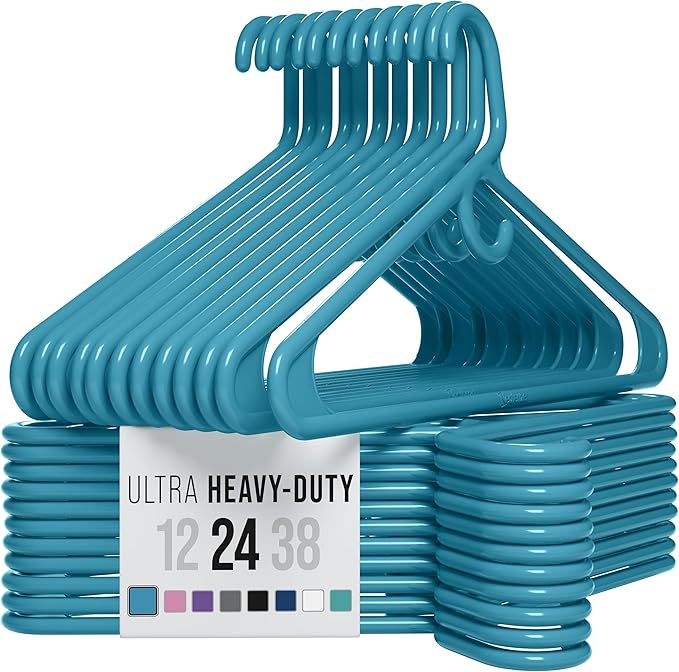 NEATERIZE Ultra Heavy Duty Plastic Clothes Hangers - Blue - Durable Coat, Suit and Clothes Hanger. Perchas De Ropa (24 Pack - Blue)