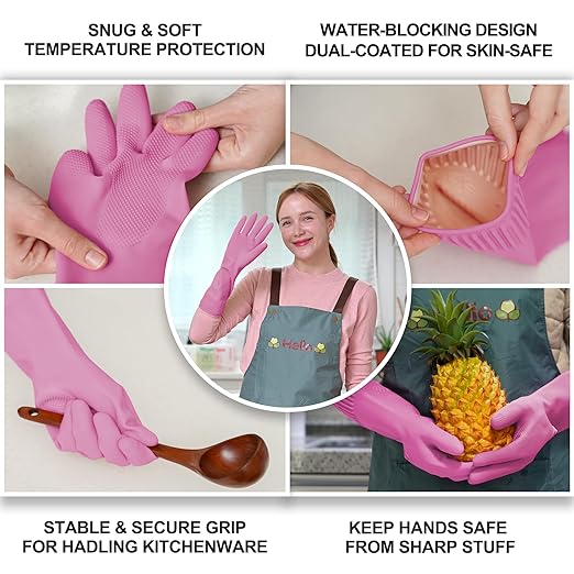 Mamison 2 Pairs Reusable Waterproof Household Dishwashing Cleaning Rubber Gloves, Non-Slip Kitchen Glove (Pink, XXL (Pack of 2))