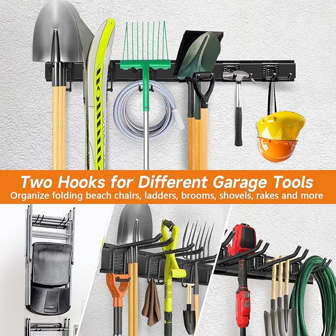Garden Tool Organizer Wall Mount, Heavy Duty 48 Inches Garage Organization and Storage Racks for Yard Tools with 6 Hooks, Tool Hangers Holders for Hanging Folding Chair, Rake and Shovel
