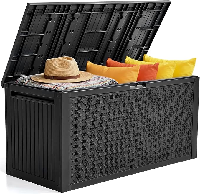 YITAHOME 90 Gallon Outdoor Deck Box, Lockable Resin Deck Box with Handles, Outdoor Storage Box for Patio Furniture, Garden Tools, Waterproof & UV Resistant, Black