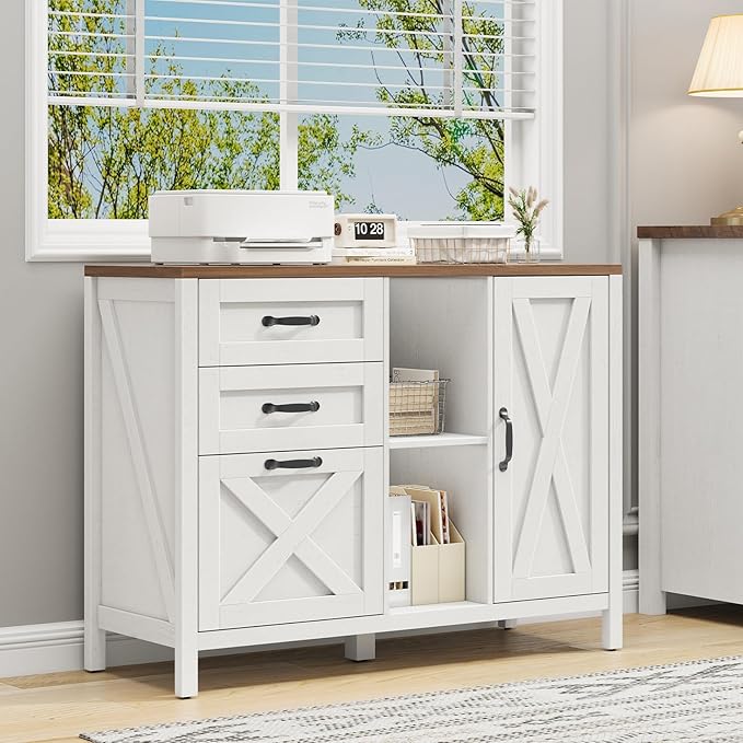 3 Drawer File Cabinet, Farmhouse Style Lateral Filing Cabinet Suitable for Letter or A4 Size Files, Wooden Home Office Storage with Adjustable Shelf and Printer Stand, White