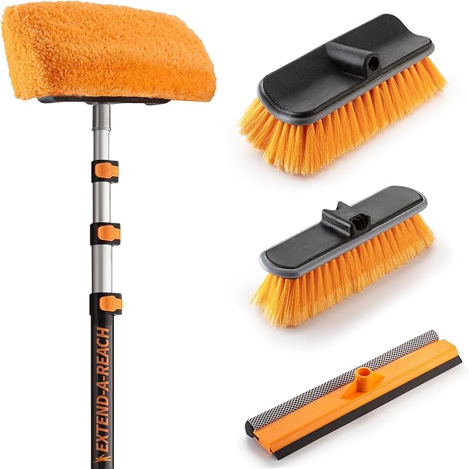 20 Foot Exterior House Cleaning Brush Set with 4-12 ft Extension Pole // Vinyl Siding Brushes with Telescopic Extendable Pole & Window Cleaning Squeegee Tool // The Ultimate Extension Scrub Brush Set
