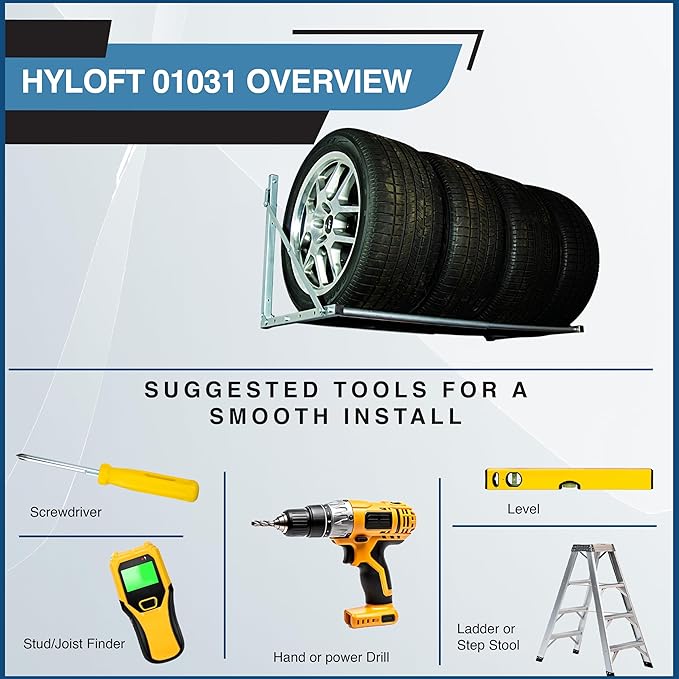 HyLoft 01031 Wall-Mounted Folding Tire Storage Loft Rack, 32 to 48 Inches Wide, Supports 300 Pounds and Folds Flat, Silver