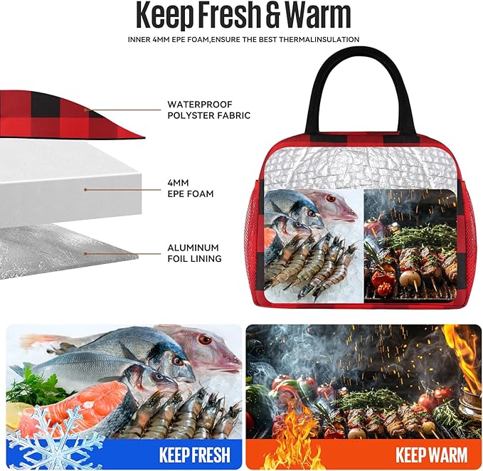 Lunch Bag Women/Men Lunch Box Women/Men (Red+Black Blocks)