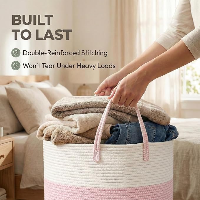 65L Extra Large Blanket Basket for Living Room - Woven Cotton Rope Laundry Hamper with Reinforced Handles - Storage Bin for Pillows, Comforters & Toys - Machine Washable,White&Pink