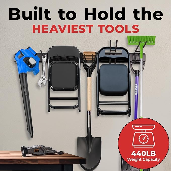NINE FORTY Garage Tool Organizer Wall Mount - 49.5 Inches, 16" Stud Spacing, 440 LBS. Sturdy Rubber Coated Garden Tool Organizer and Storage Rack with Adjustable Hooks