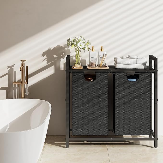 Kitstorack Laundry Basket Organizer, Laundry Hamper with Shelf & 2 Pull-Out Removable Bags, Dirty Clothes Hamper Organizer for Laundry Room Bathroom and Dorm, 2 x 11.8 gallons (44.5L)