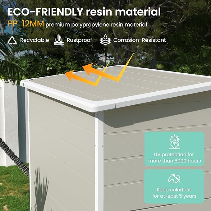 UDPATIO Outdoor Storage Shed 5x3 FT, Resin Garden Shed for Bike, Garbage Can, Tool, Outside Plastic Shed with Lockable Door for Backyard, Patio, Lawn, Sandstone