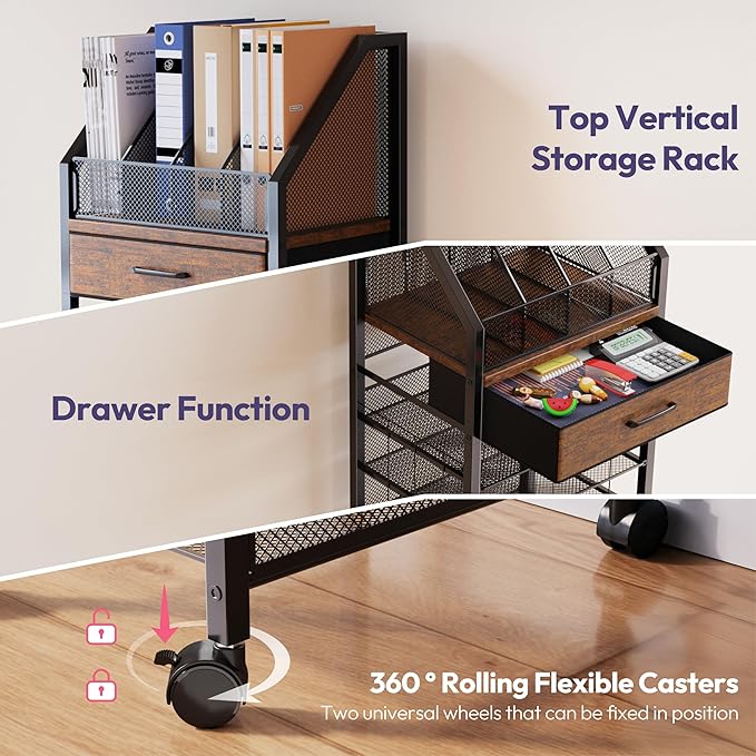 SWTYMIKI 9-Tier Rolling File Cart - Paper Organizer with Drawer and Trays, Wood Desk Office Organizer, Office Organization and Binder Storage for Workspace, Home, School, Espresso